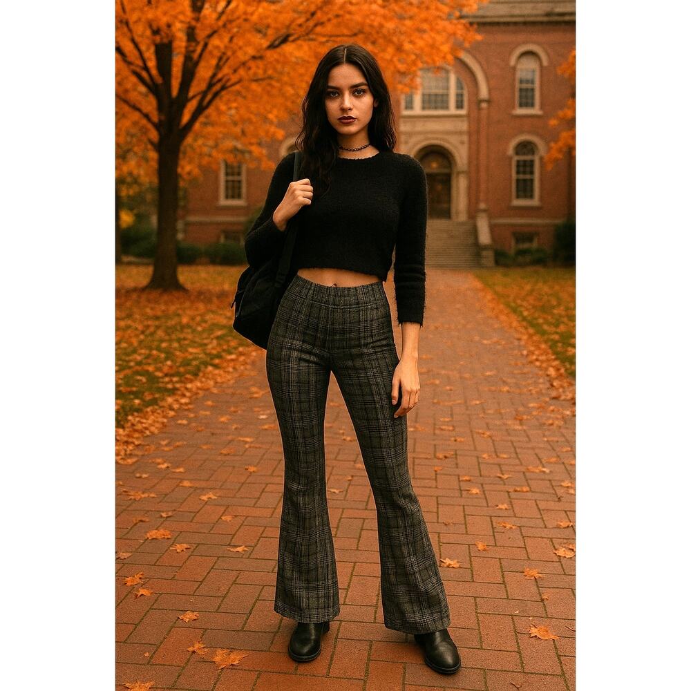 Abercrombie & Fitch High Rise Pull On Plaid Flare‎ Pants | Black Tan | SZ S